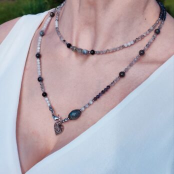 Komplet choker z naszyjnikiem, z Labradorytem, Kamieniem Księżycowym i Spinelem “Shine”