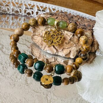 Bransoletka z Jaspisu Krajobrazowego z Malachitem i Prehnitem „Freya I” aktywacja bezwarunkowej miłości